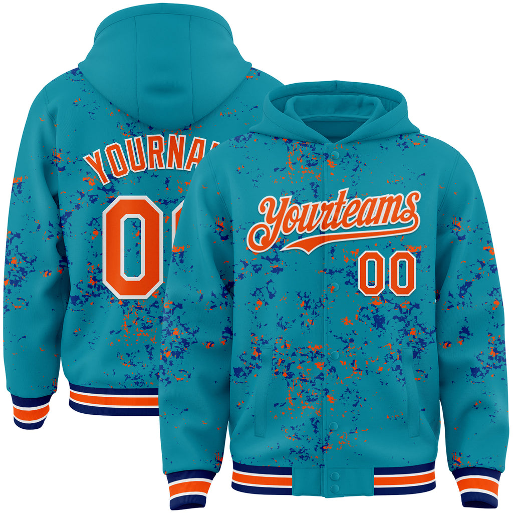 Custom Teal Orange Royal-White Fragment 3D Pattern Design Bomber Full-Snap Varsity Letterman Hoodie Jacket