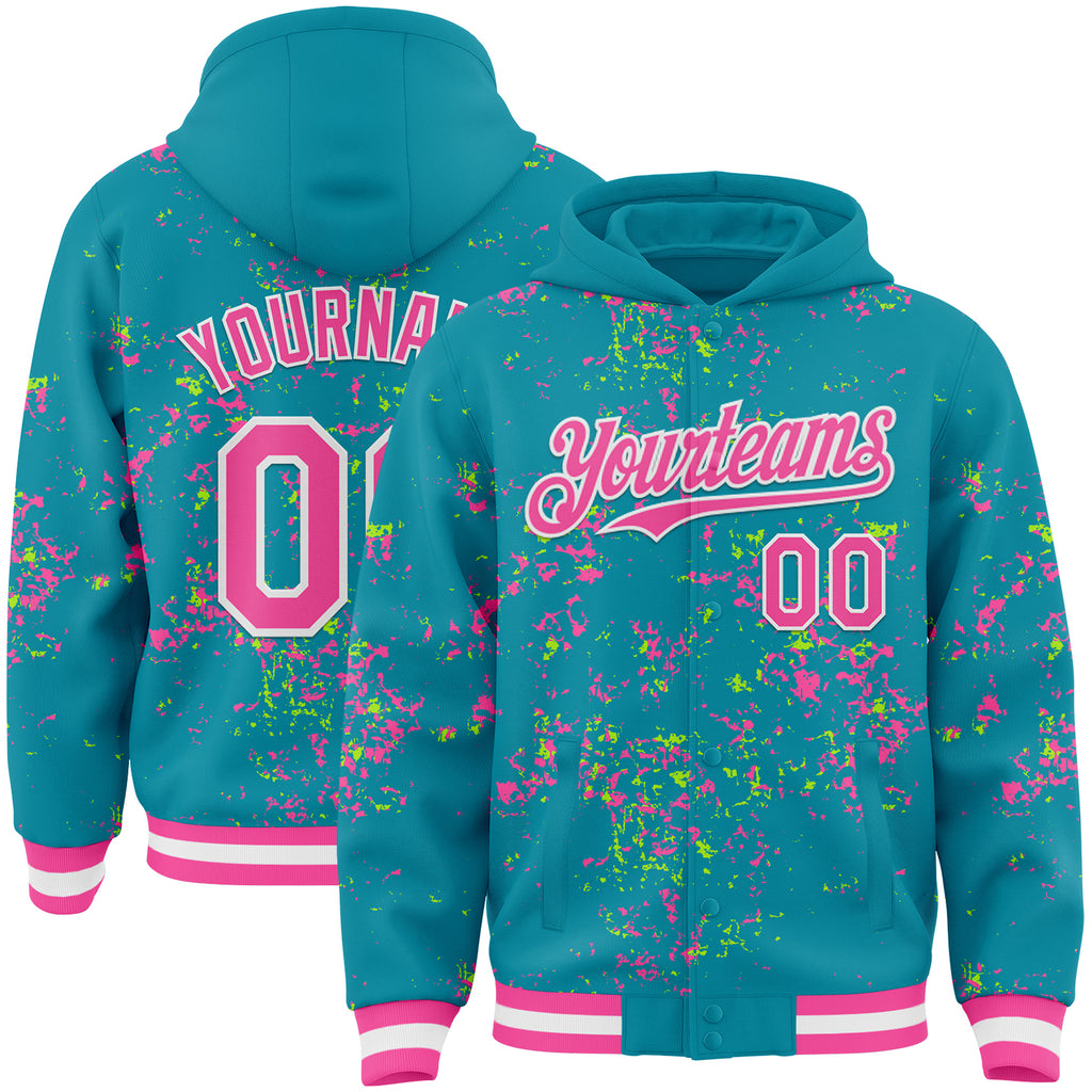 Custom Teal Pink Neon Green-White Fragment 3D Pattern Design Bomber Full-Snap Varsity Letterman Hoodie Jacket
