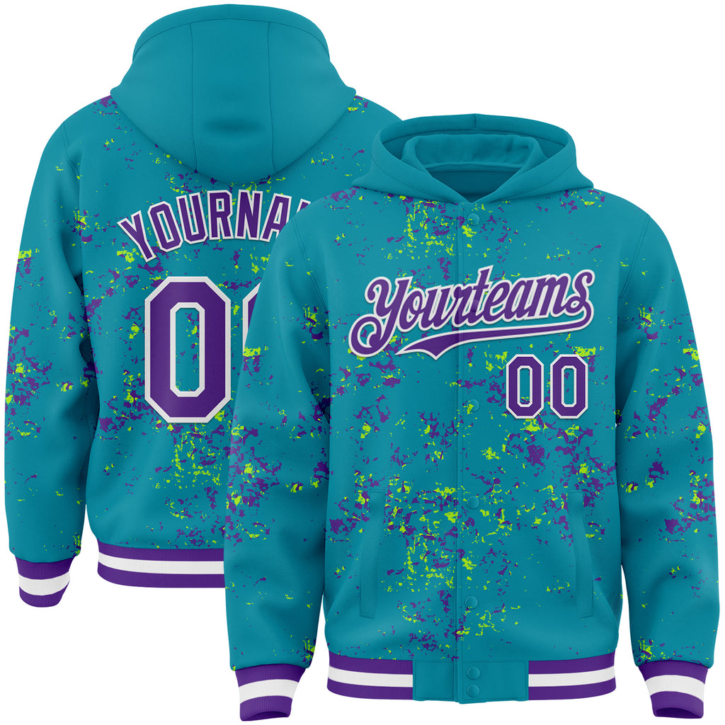 Custom Teal Purple Neon Green-White Fragment 3D Pattern Design Bomber Full-Snap Varsity Letterman Hoodie Jacket