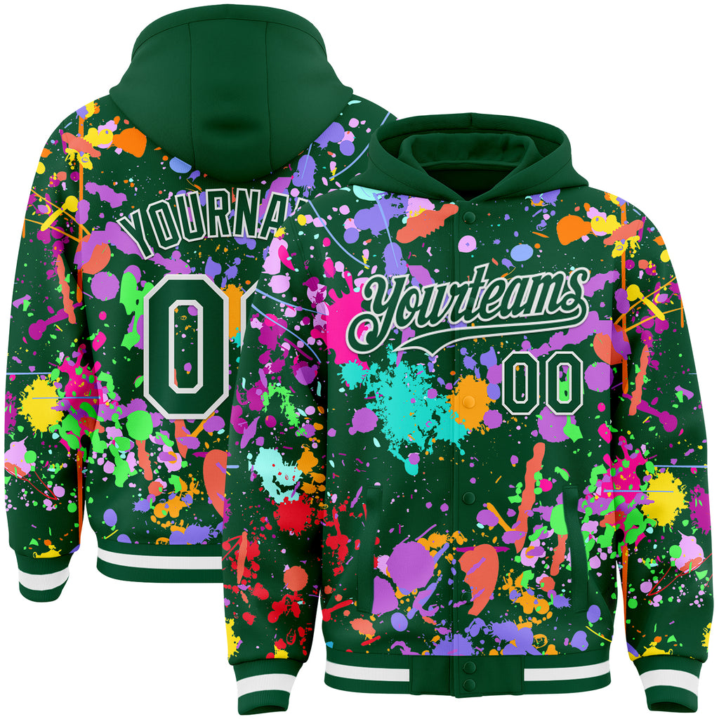 Custom Graffiti Pattern Kelly Green-White Splash Bomber Full-Snap Varsity Letterman Hoodie Jacket
