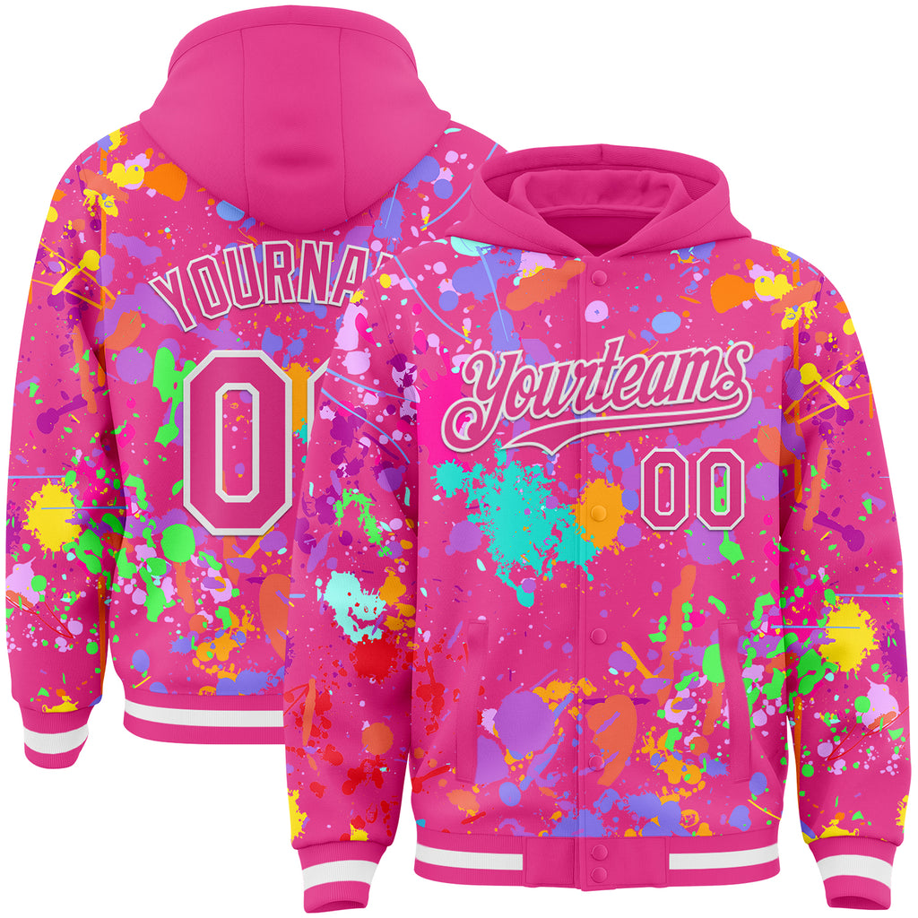 Custom Graffiti Pattern Pink-White Splash Bomber Full-Snap Varsity Letterman Hoodie Jacket