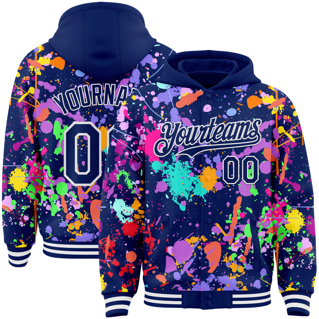 Custom Graffiti Pattern Royal-White Splash Bomber Full-Snap Varsity Letterman Hoodie Jacket