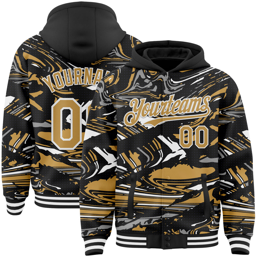 Custom Figure Old Gold Black-White Fluid Bomber Full-Snap Varsity Letterman Hoodie Jacket