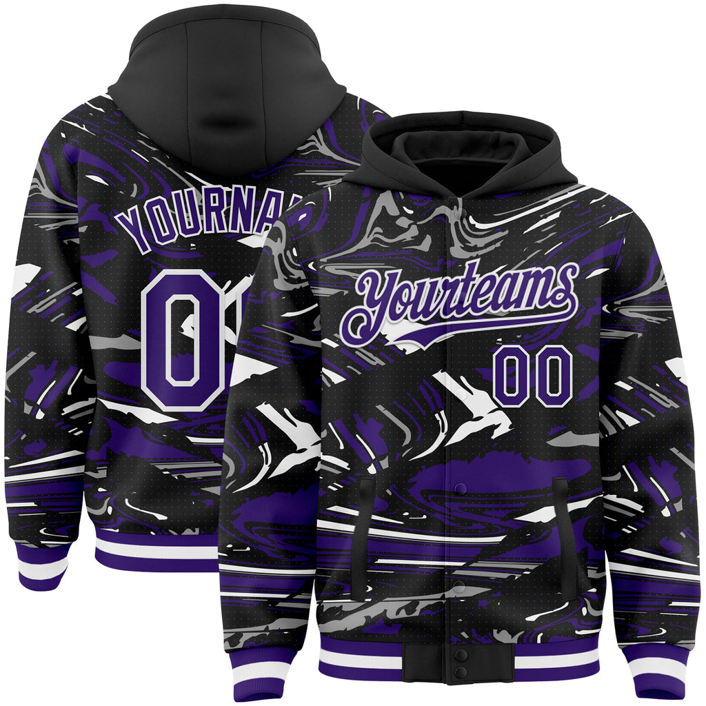 Custom Figure Purple Black-White Fluid Bomber Full-Snap Varsity Letterman Hoodie Jacket