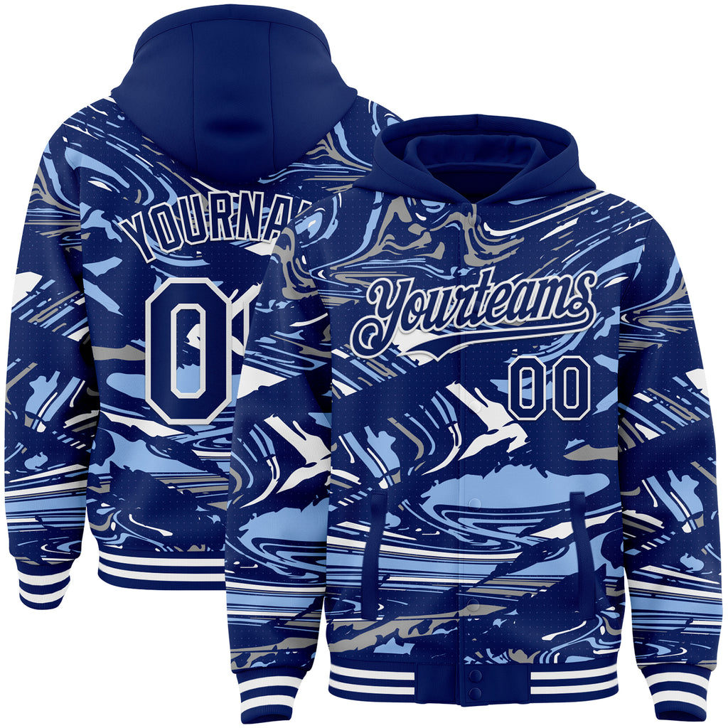 Custom Figure Royal Light Blue-White Fluid Bomber Full-Snap Varsity Letterman Hoodie Jacket