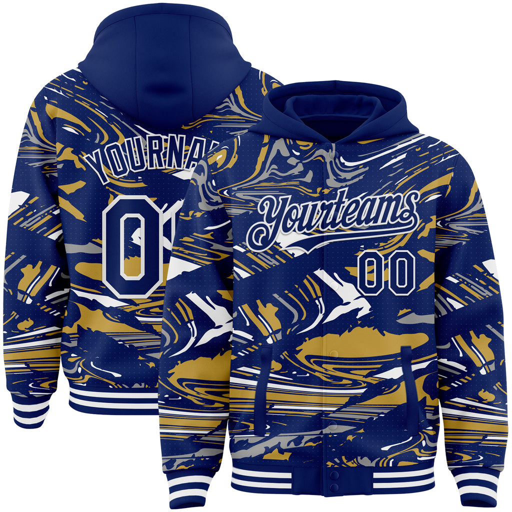 Custom Figure Royal Old Gold-White Fluid Bomber Full-Snap Varsity Letterman Hoodie Jacket