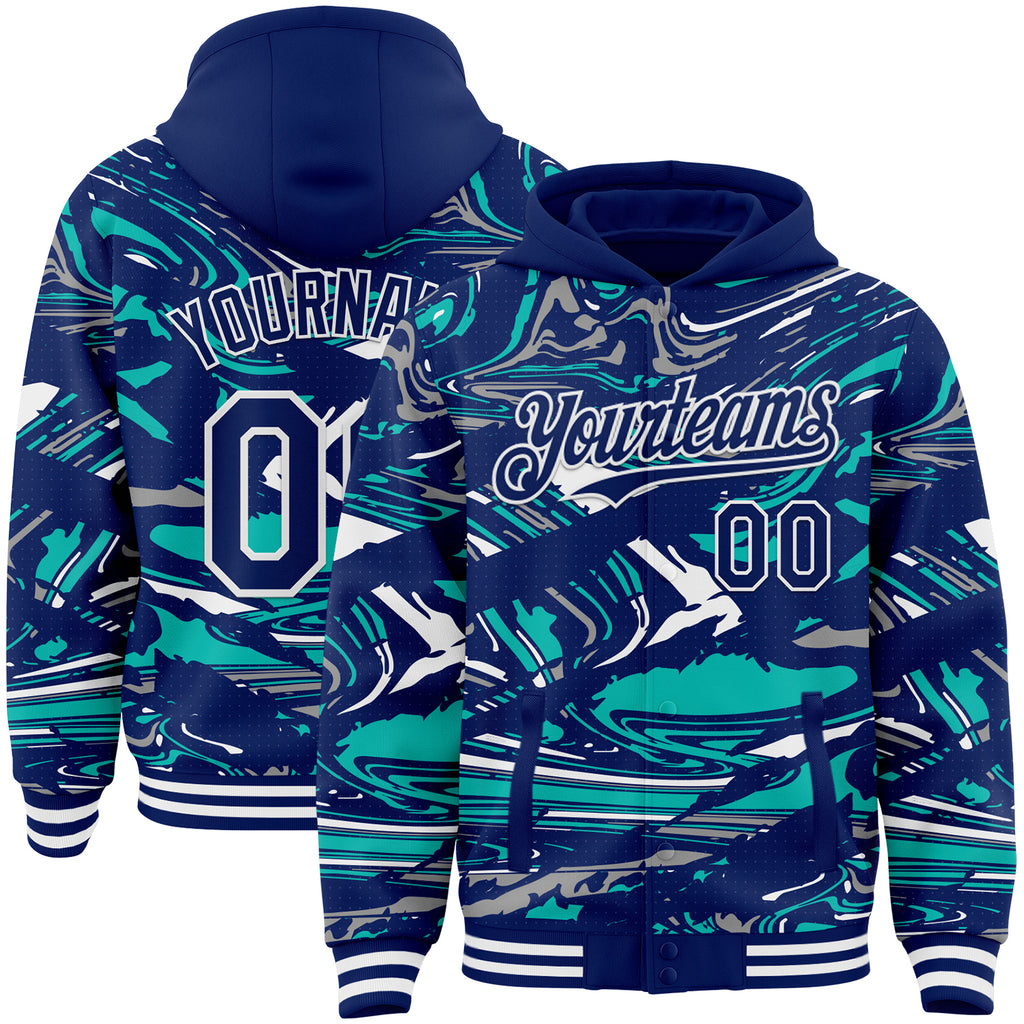 Custom Figure Royal Aqua-White Fluid Bomber Full-Snap Varsity Letterman Hoodie Jacket