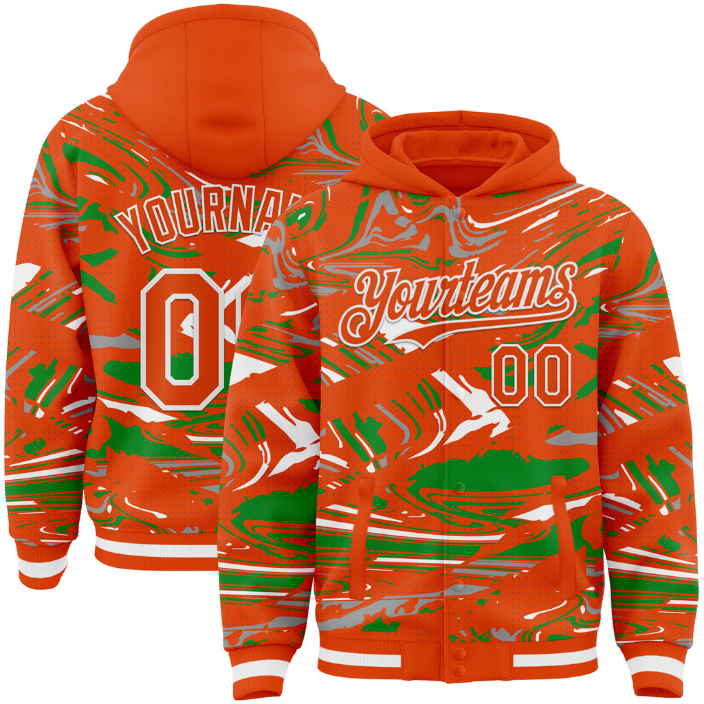 Custom Figure Orange Grass Green-White Fluid Bomber Full-Snap Varsity Letterman Hoodie Jacket