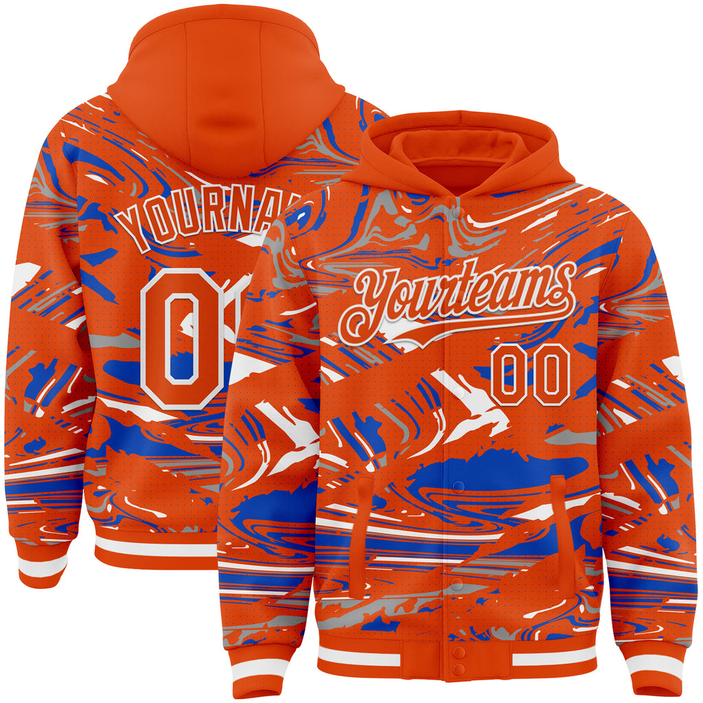 Custom Figure Orange Thunder Blue-White Fluid Bomber Full-Snap Varsity Letterman Hoodie Jacket