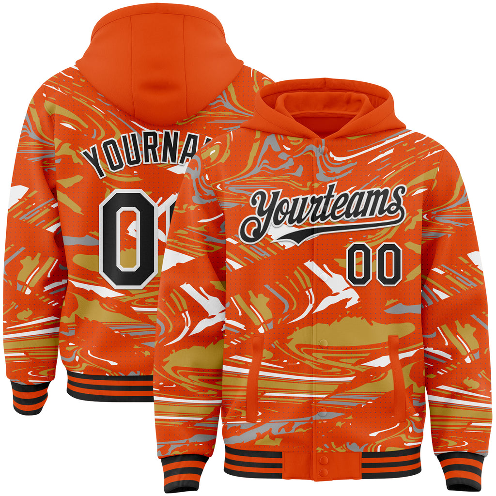 Custom Figure Black Orange Old Gold-White Fluid Bomber Full-Snap Varsity Letterman Hoodie Jacket