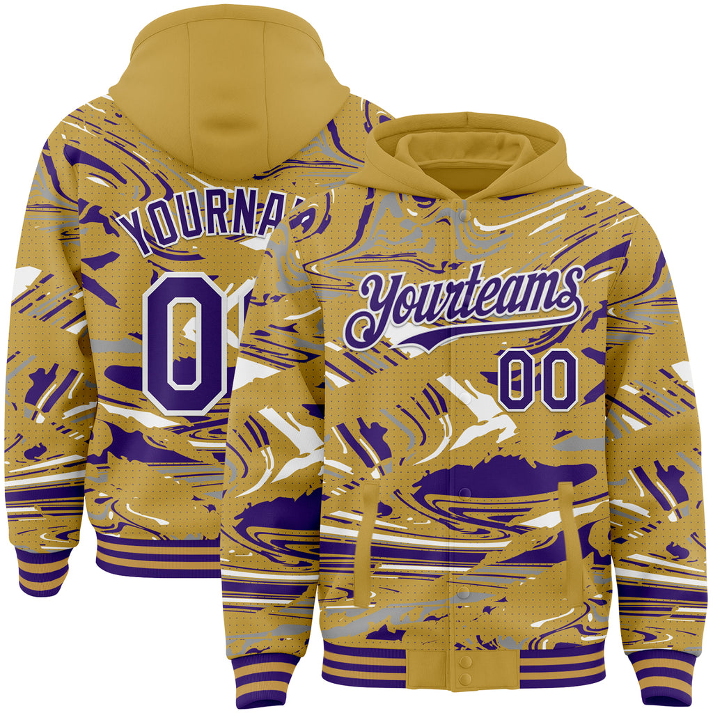 Custom Figure Purple Old Gold-White Fluid Bomber Full-Snap Varsity Letterman Hoodie Jacket