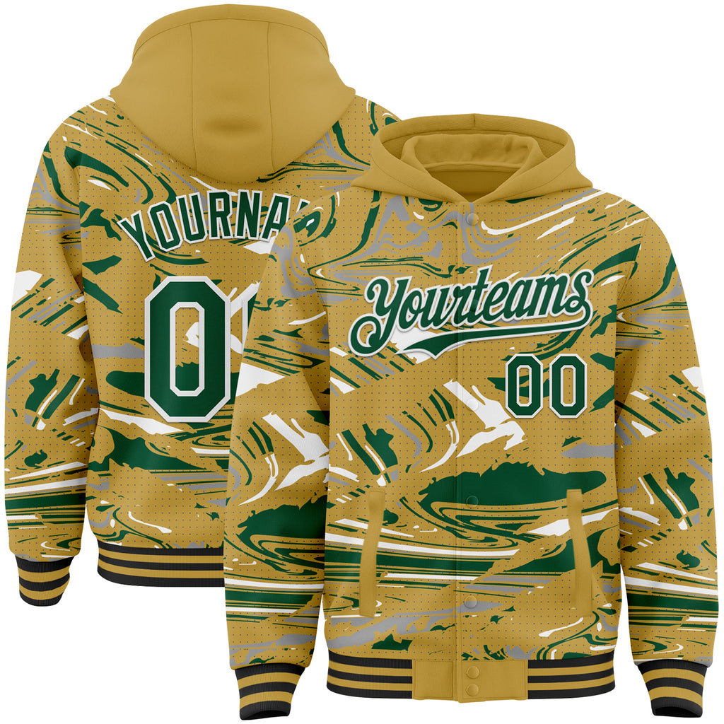 Custom Figure Kelly Green Old Gold Black-White Fluid Bomber Full-Snap Varsity Letterman Hoodie Jacket