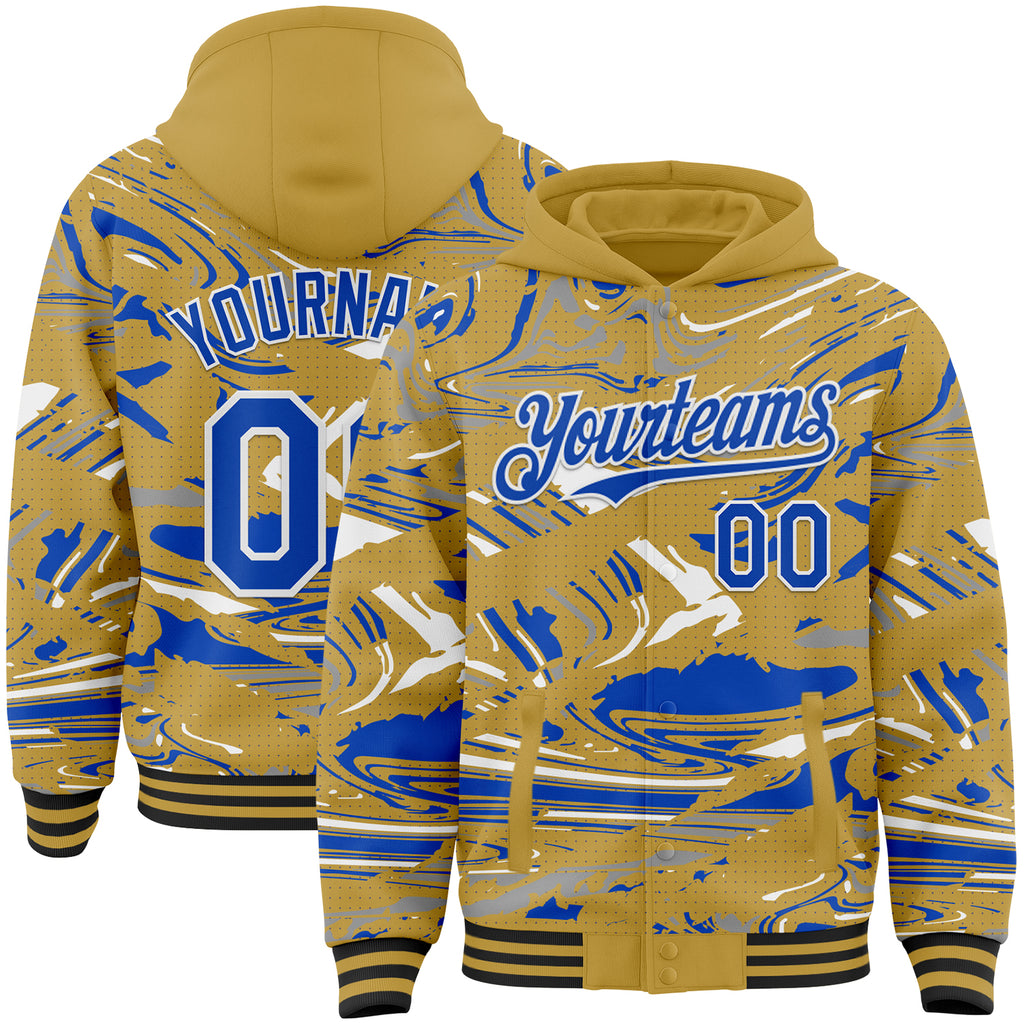 Custom Figure Thunder Blue Old Gold Black-White Fluid Bomber Full-Snap Varsity Letterman Hoodie Jacket