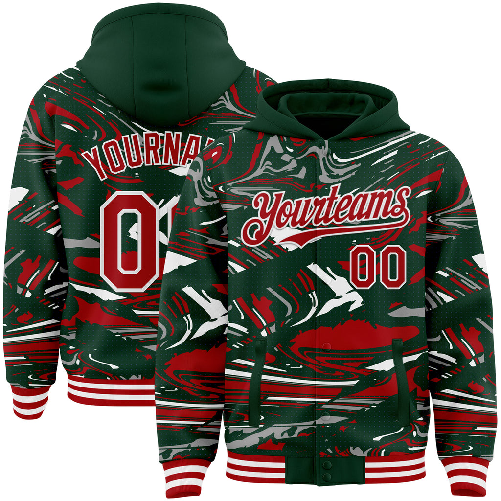 Custom Figure Red Green-White Fluid Bomber Full-Snap Varsity Letterman Hoodie Jacket