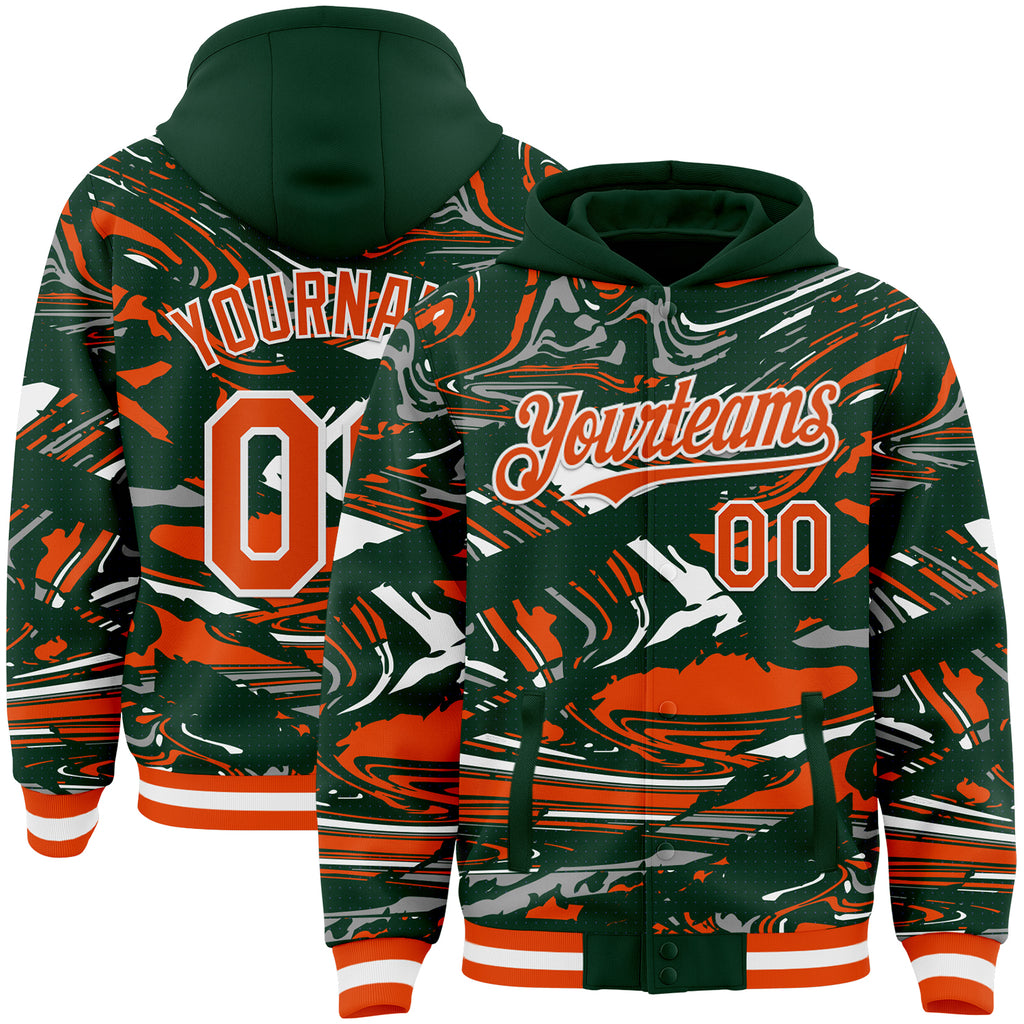 Custom Figure Orange Green-White Fluid Bomber Full-Snap Varsity Letterman Hoodie Jacket
