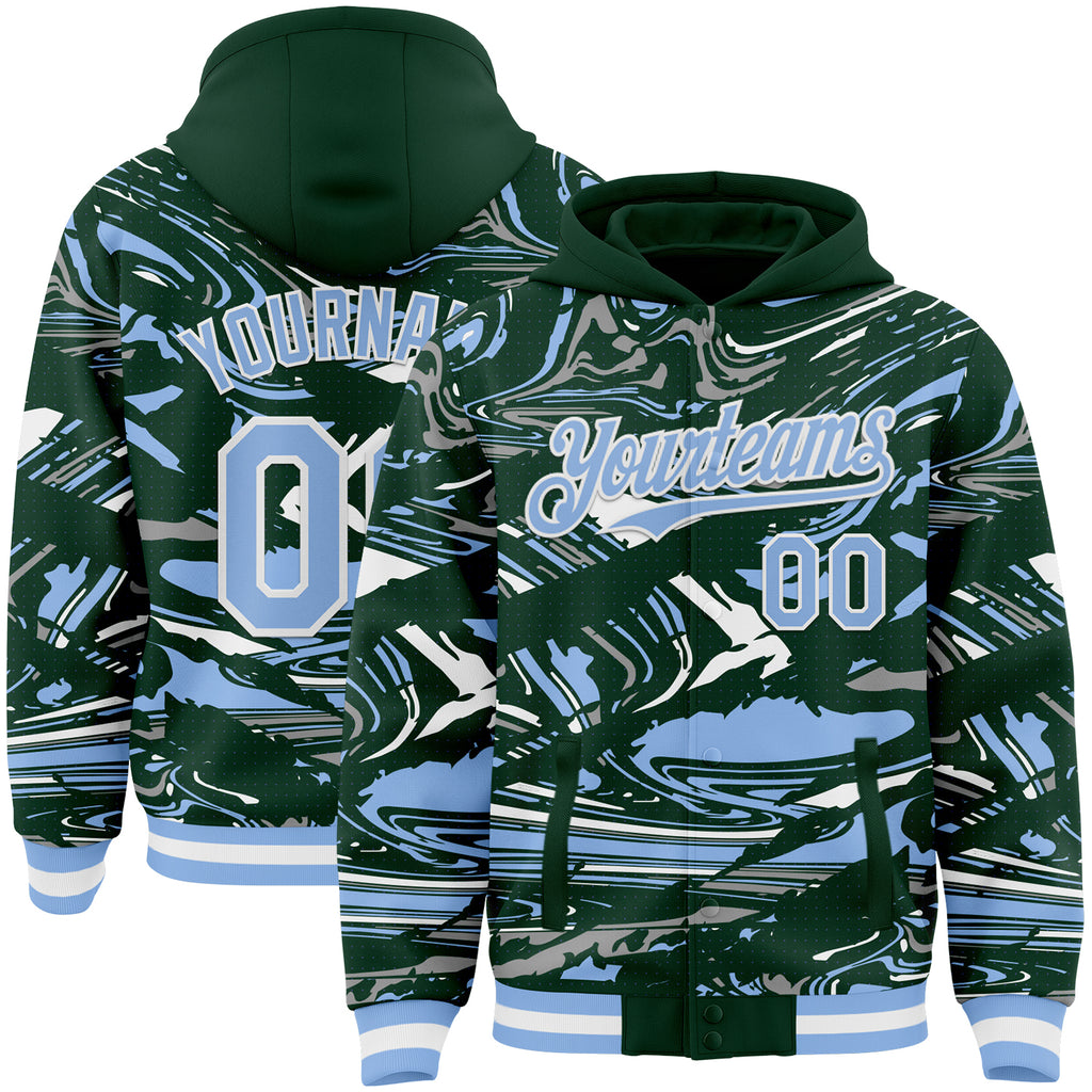 Custom Figure Light Blue Green-White Fluid Bomber Full-Snap Varsity Letterman Hoodie Jacket