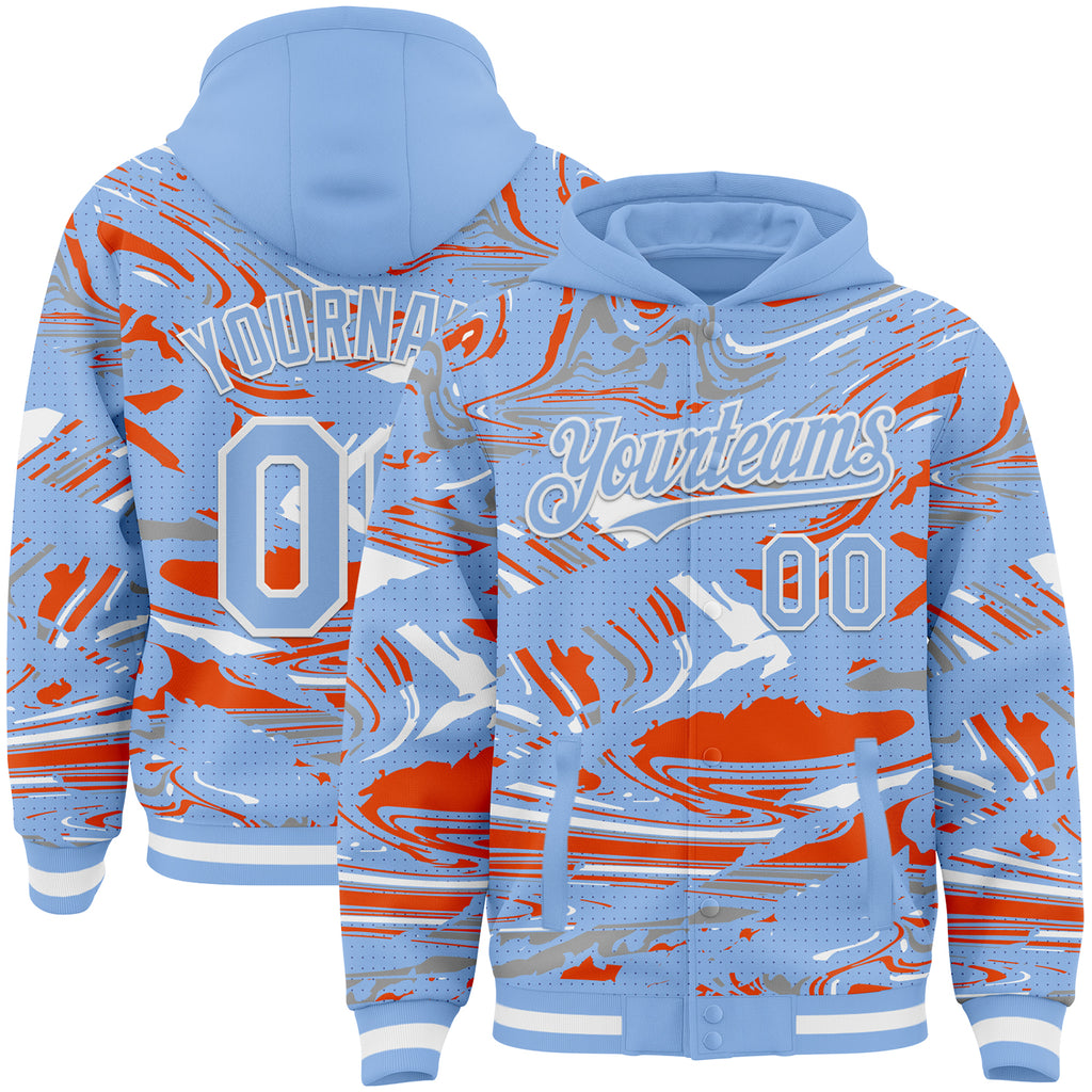 Custom Figure Light Blue Orange-White Fluid Bomber Full-Snap Varsity Letterman Hoodie Jacket
