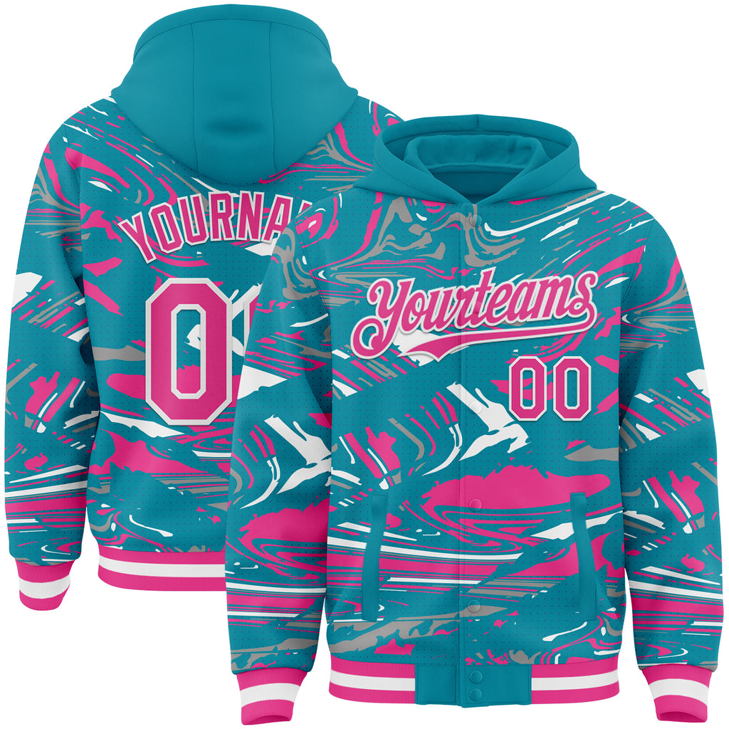 Custom Figure Pink Teal-White Fluid Bomber Full-Snap Varsity Letterman Hoodie Jacket