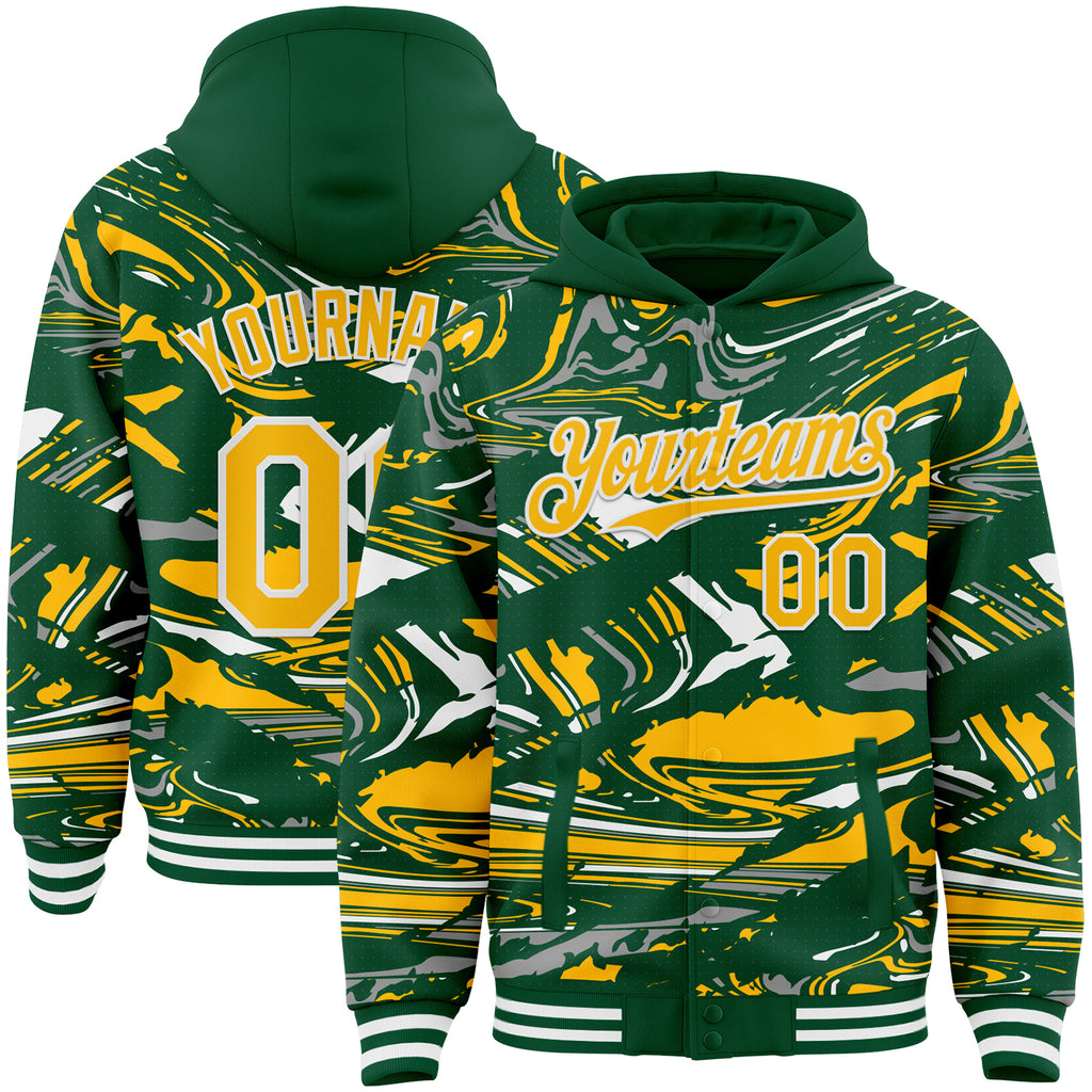 Custom Figure Gold Kelly Green-White Fluid Bomber Full-Snap Varsity Letterman Hoodie Jacket