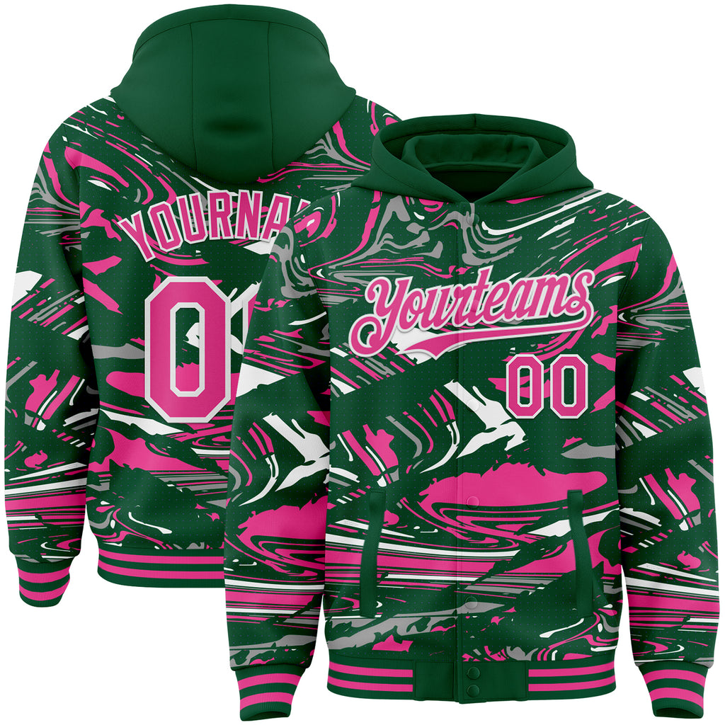 Custom Figure Pink Kelly Green-White Fluid Bomber Full-Snap Varsity Letterman Hoodie Jacket