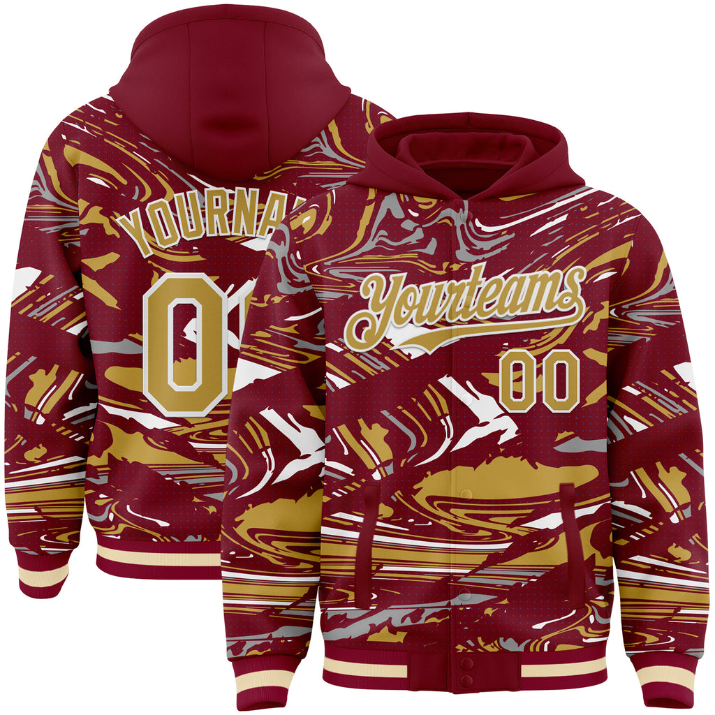 Custom Figure Old Gold Crimson Cream-White Fluid Bomber Full-Snap Varsity Letterman Hoodie Jacket