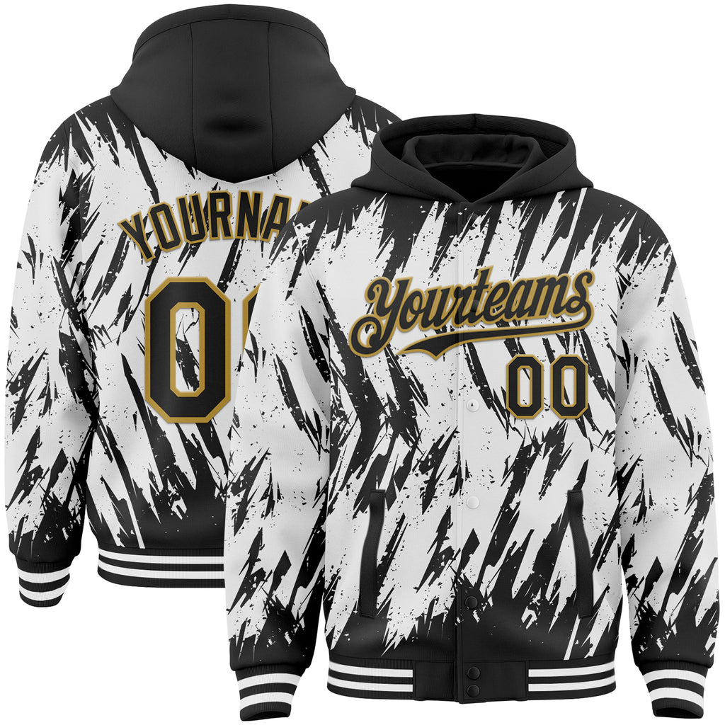 Custom Black White-Old Gold Abstract Sharp Shape Fragment 3D Pattern Design Bomber Full-Snap Varsity Letterman Hoodie Jacket