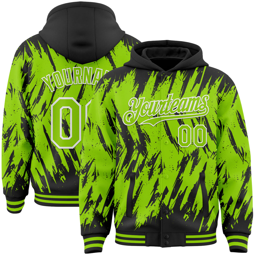 Custom Black Neon Green-White Abstract Sharp Shape Fragment 3D Pattern Design Bomber Full-Snap Varsity Letterman Hoodie Jacket
