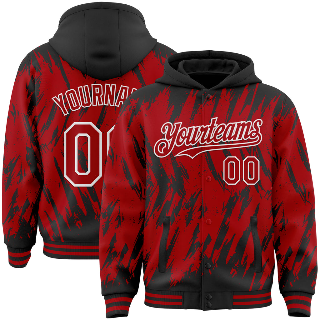 Custom Black Red-White Abstract Sharp Shape Fragment 3D Pattern Design Bomber Full-Snap Varsity Letterman Hoodie Jacket