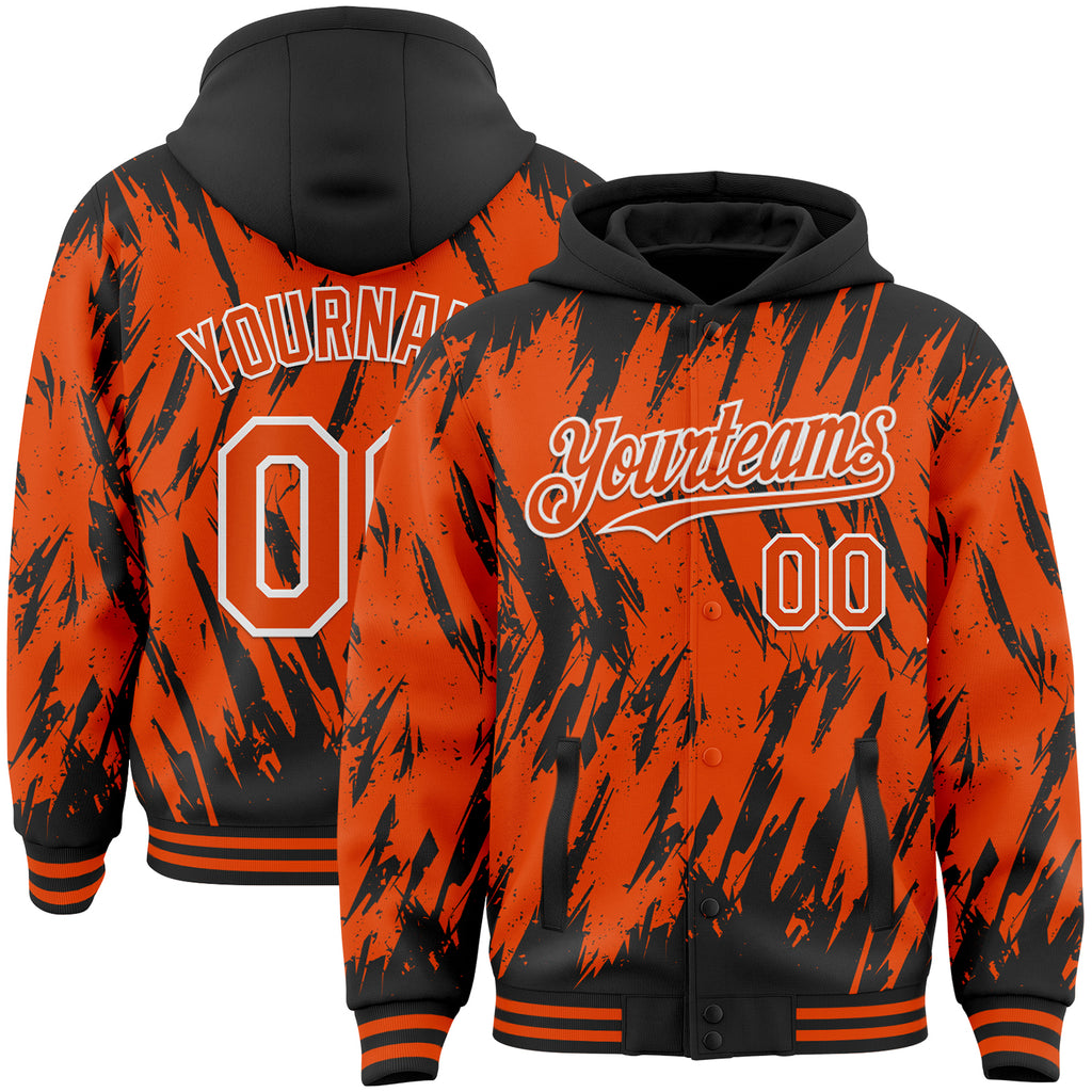 Custom Black Orange-White Abstract Sharp Shape Fragment 3D Pattern Design Bomber Full-Snap Varsity Letterman Hoodie Jacket
