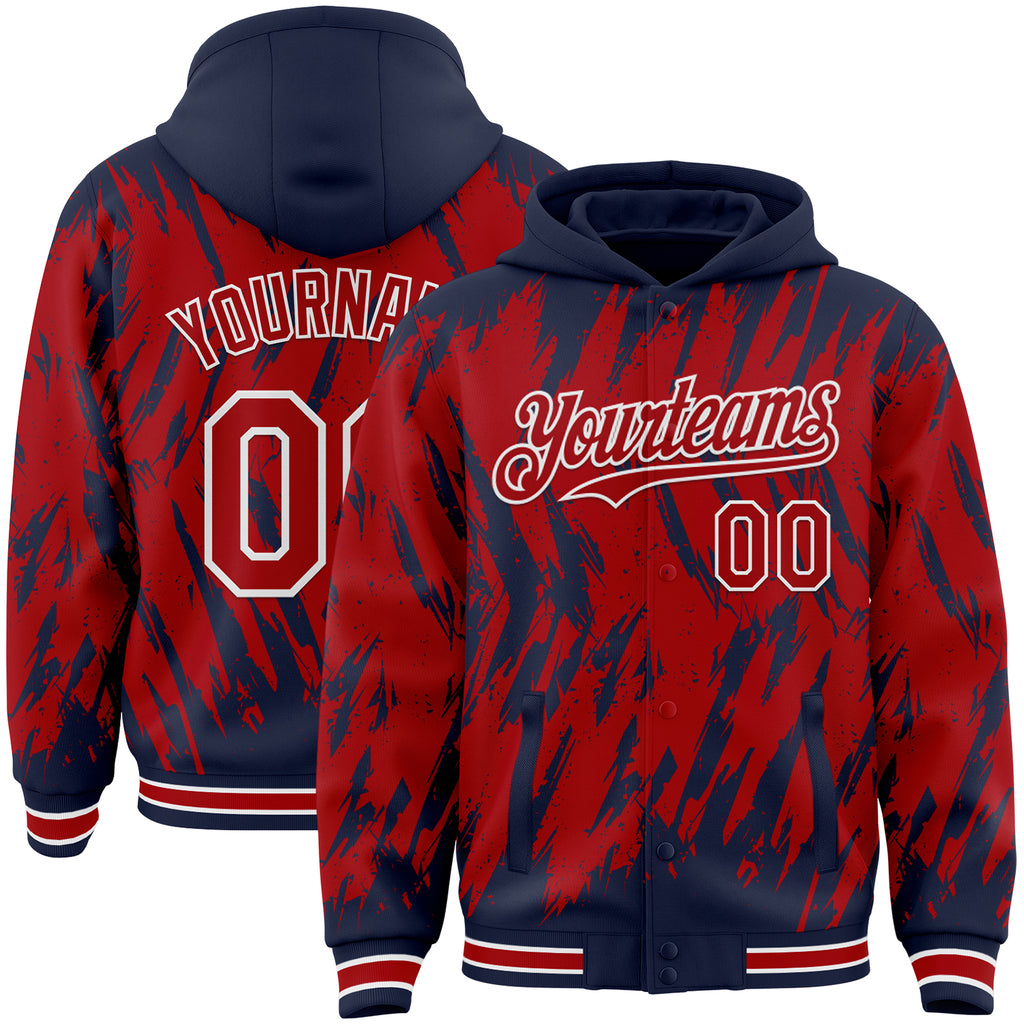 Custom Navy Red-White Abstract Sharp Shape Fragment 3D Pattern Design Bomber Full-Snap Varsity Letterman Hoodie Jacket