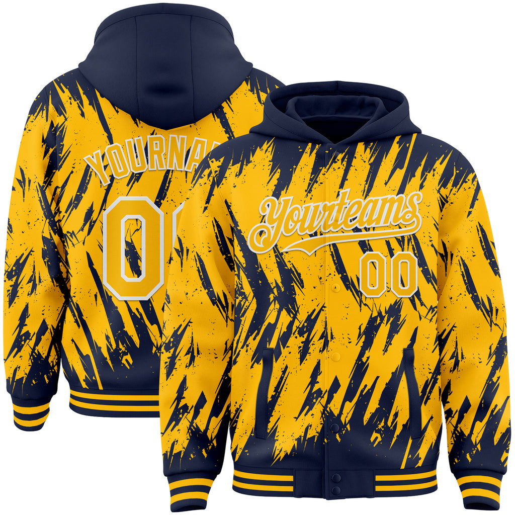 Custom Navy Gold-White Abstract Sharp Shape Fragment 3D Pattern Design Bomber Full-Snap Varsity Letterman Hoodie Jacket