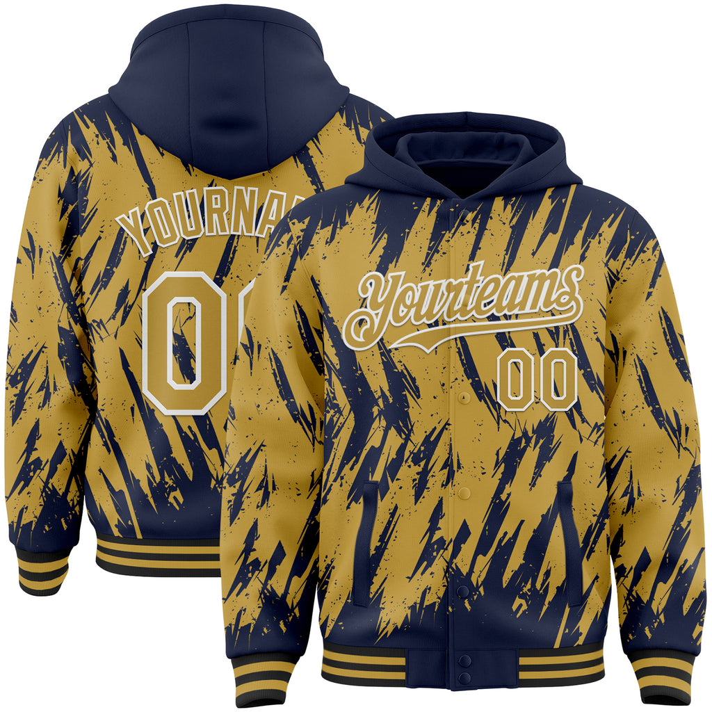 Custom Navy Old Gold Black-White Abstract Sharp Shape Fragment 3D Pattern Design Bomber Full-Snap Varsity Letterman Hoodie Jacket