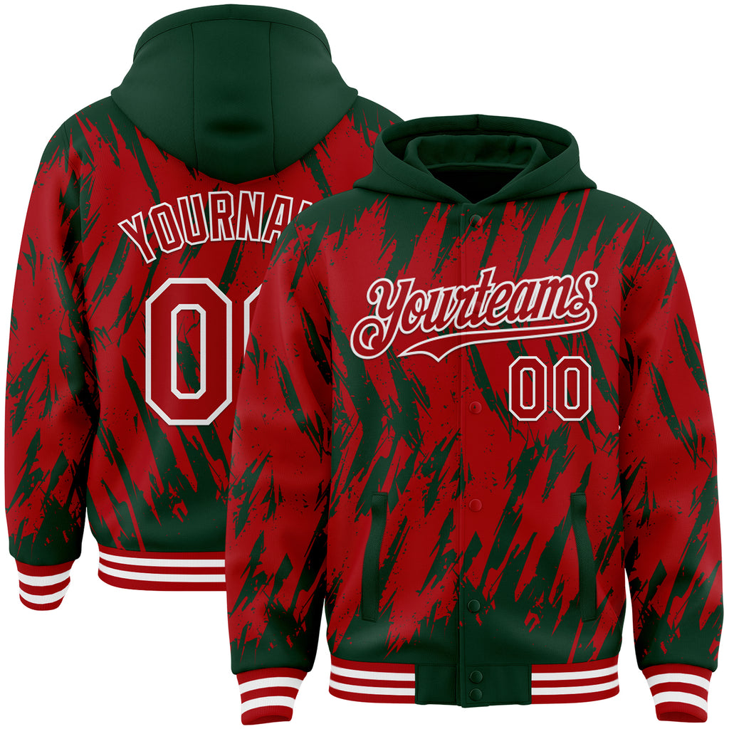 Custom Green Red-White Abstract Sharp Shape Fragment 3D Pattern Design Bomber Full-Snap Varsity Letterman Hoodie Jacket