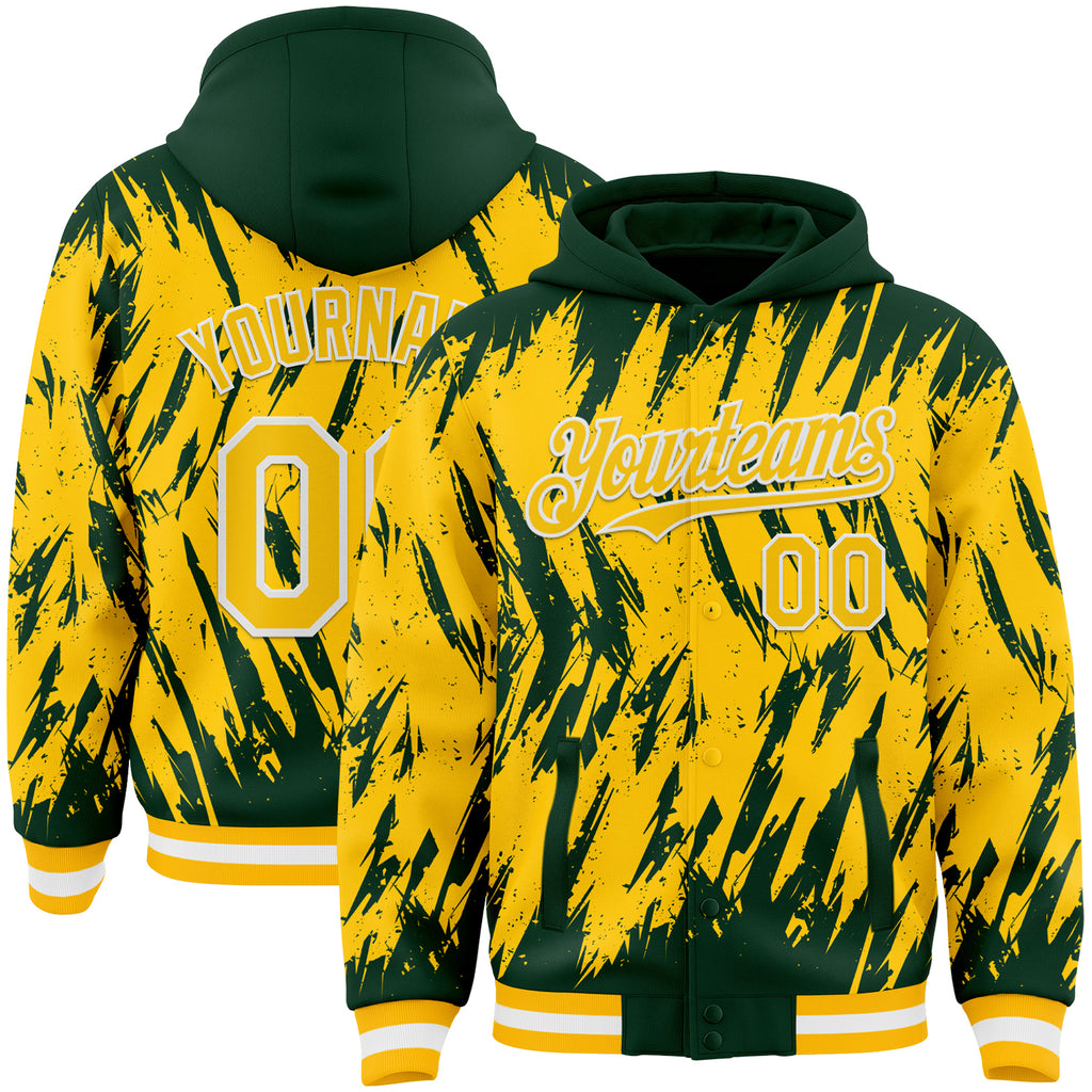 Custom Green Yellow Gold-White Abstract Sharp Shape Fragment 3D Pattern Design Bomber Full-Snap Varsity Letterman Hoodie Jacket