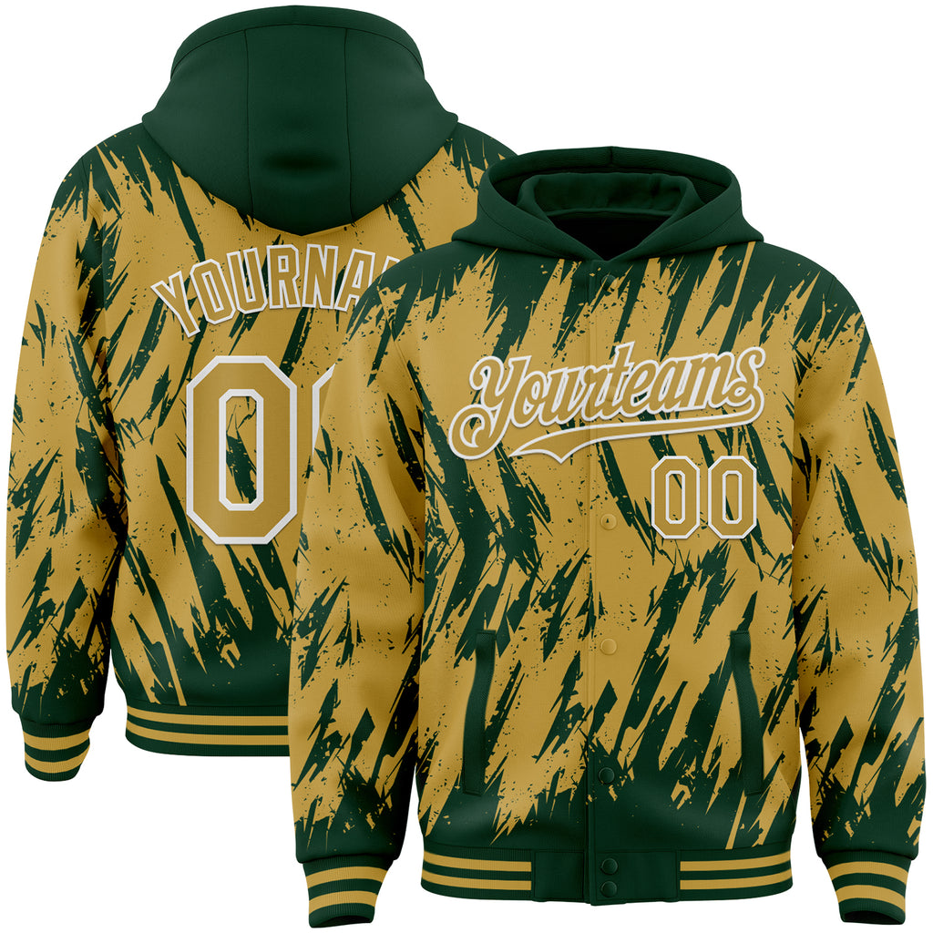 Custom Green Old Gold-White Abstract Sharp Shape Fragment 3D Pattern Design Bomber Full-Snap Varsity Letterman Hoodie Jacket