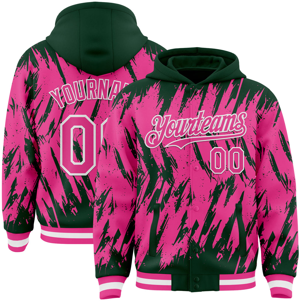 Custom Green Pink-White Abstract Sharp Shape Fragment 3D Pattern Design Bomber Full-Snap Varsity Letterman Hoodie Jacket