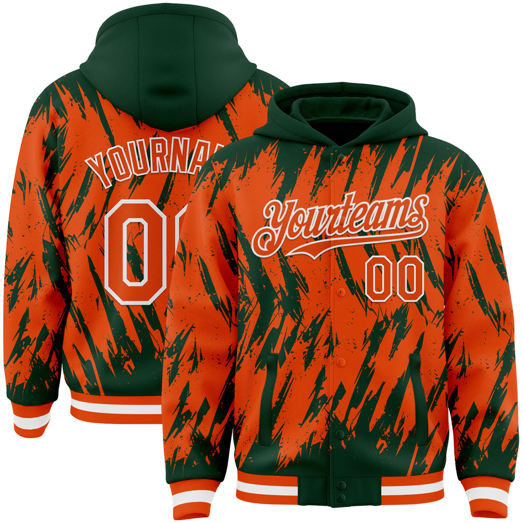 Custom Green Orange-White Abstract Sharp Shape Fragment 3D Pattern Design Bomber Full-Snap Varsity Letterman Hoodie Jacket