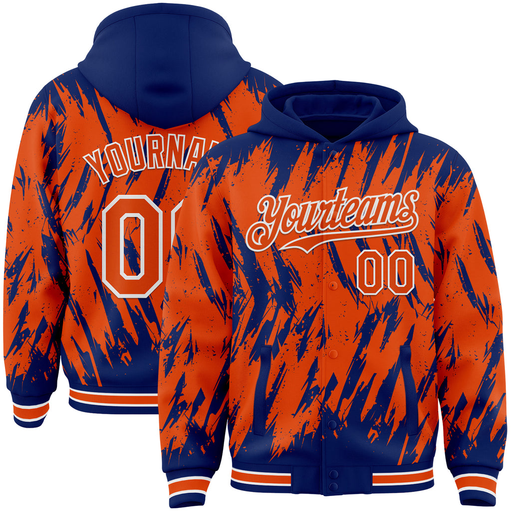 Custom Royal Orange-White Abstract Sharp Shape Fragment 3D Pattern Design Bomber Full-Snap Varsity Letterman Hoodie Jacket
