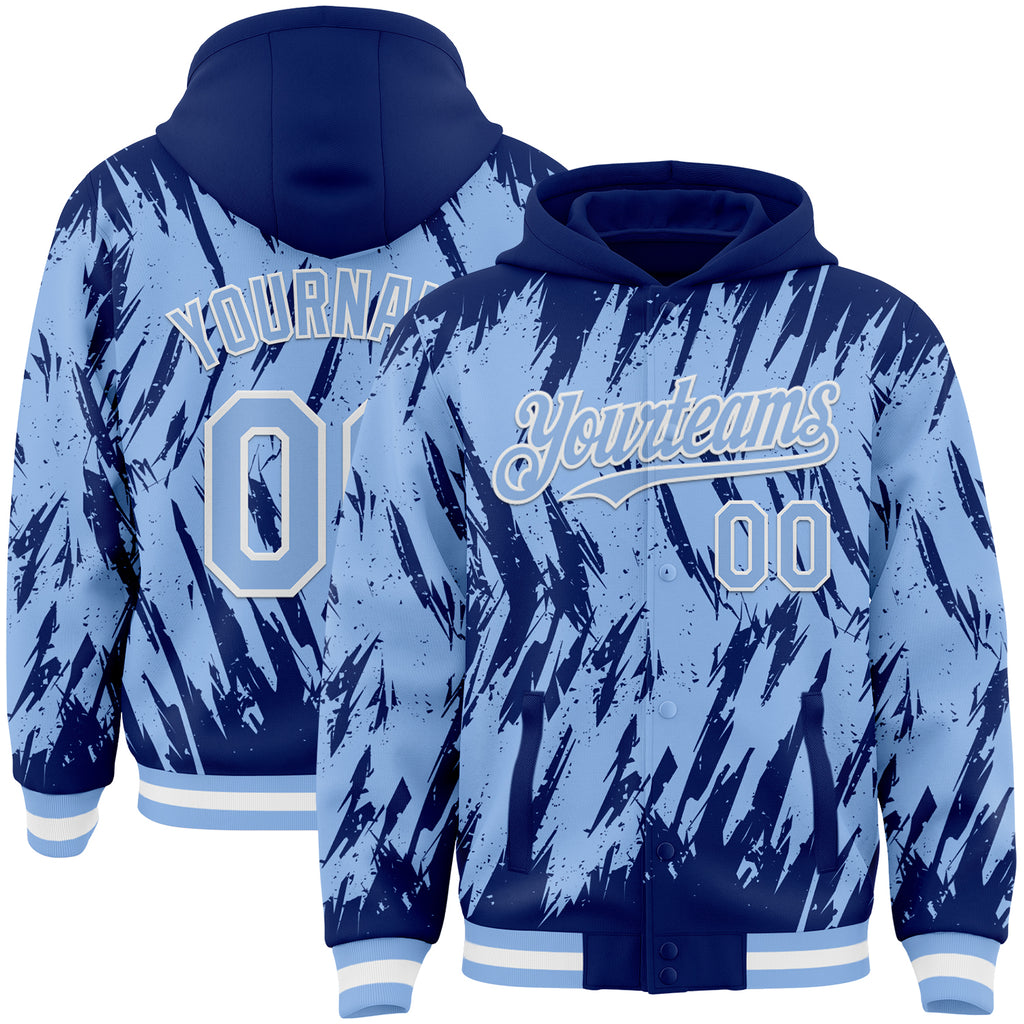 Custom Royal Light Blue-White Abstract Sharp Shape Fragment 3D Pattern Design Bomber Full-Snap Varsity Letterman Hoodie Jacket