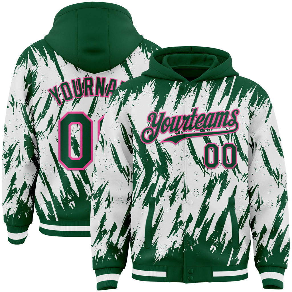 Custom Kelly Green White-Pink Abstract Sharp Shape Fragment 3D Pattern Design Bomber Full-Snap Varsity Letterman Hoodie Jacket