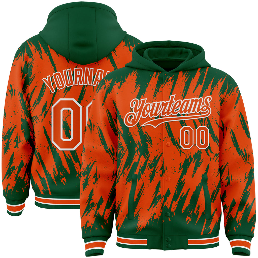 Custom Kelly Green Orange-White Abstract Sharp Shape Fragment 3D Pattern Design Bomber Full-Snap Varsity Letterman Hoodie Jacket