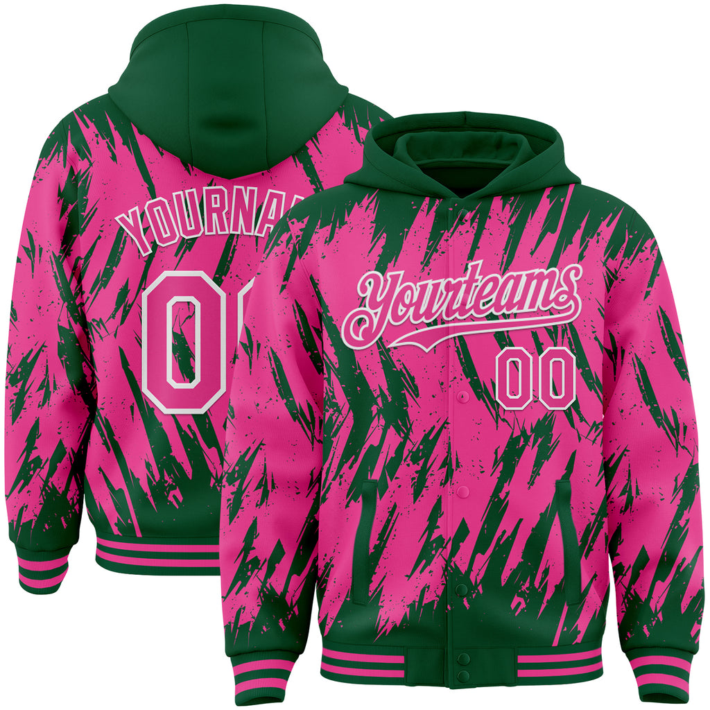 Custom Kelly Green Pink-White Abstract Sharp Shape Fragment 3D Pattern Design Bomber Full-Snap Varsity Letterman Hoodie Jacket