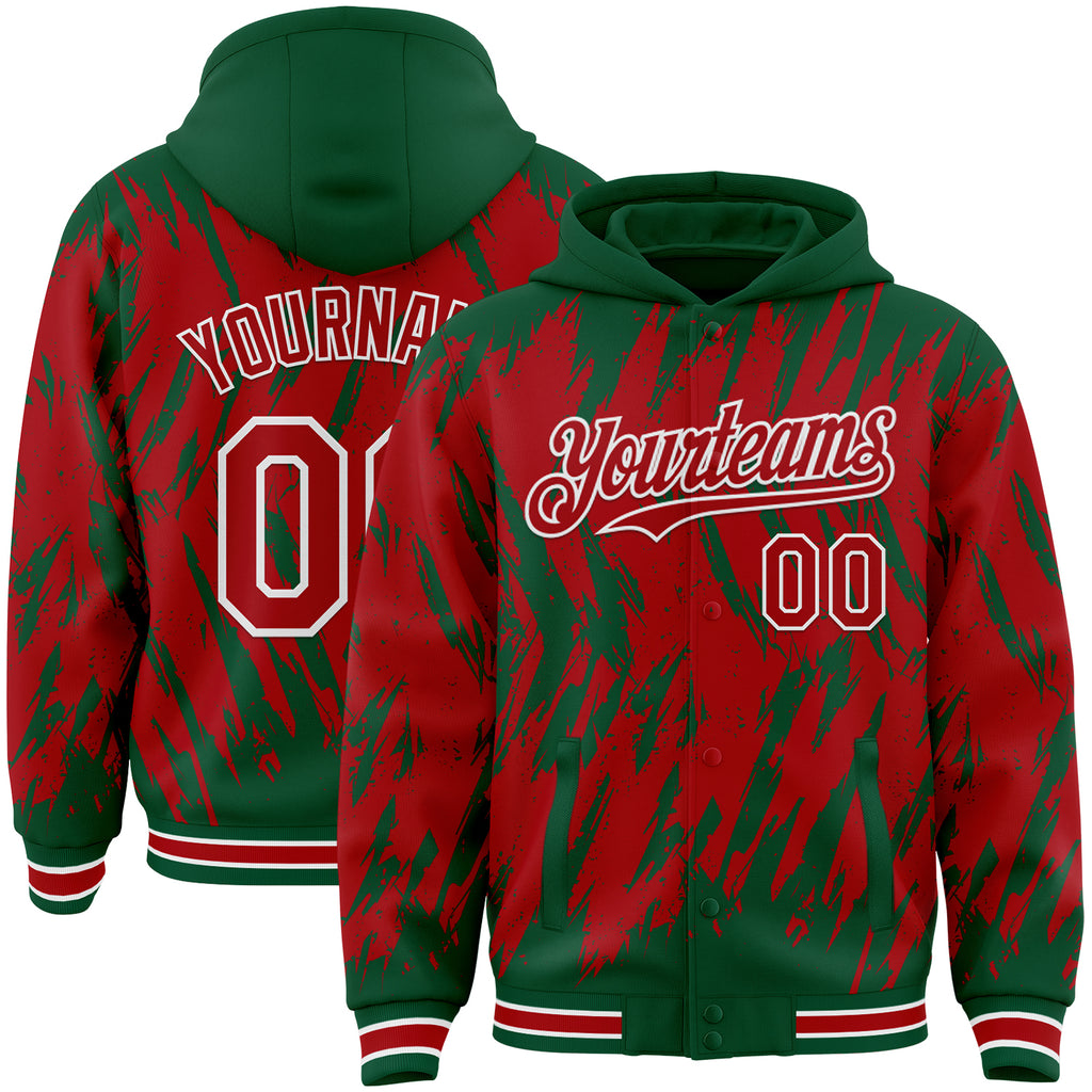 Custom Kelly Green Red-White Abstract Sharp Shape Fragment 3D Pattern Design Bomber Full-Snap Varsity Letterman Hoodie Jacket
