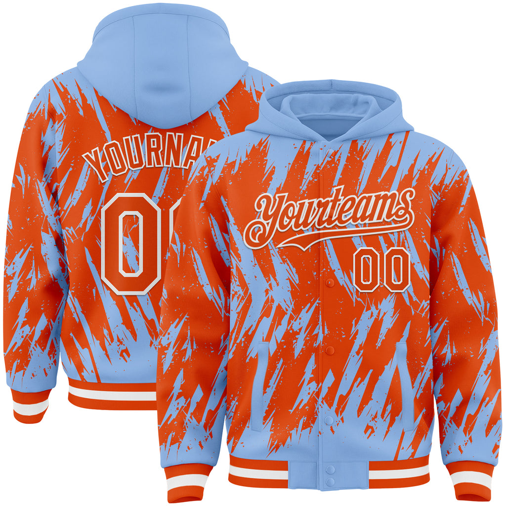 Custom Light Blue Orange-White Abstract Sharp Shape Fragment 3D Pattern Design Bomber Full-Snap Varsity Letterman Hoodie Jacket