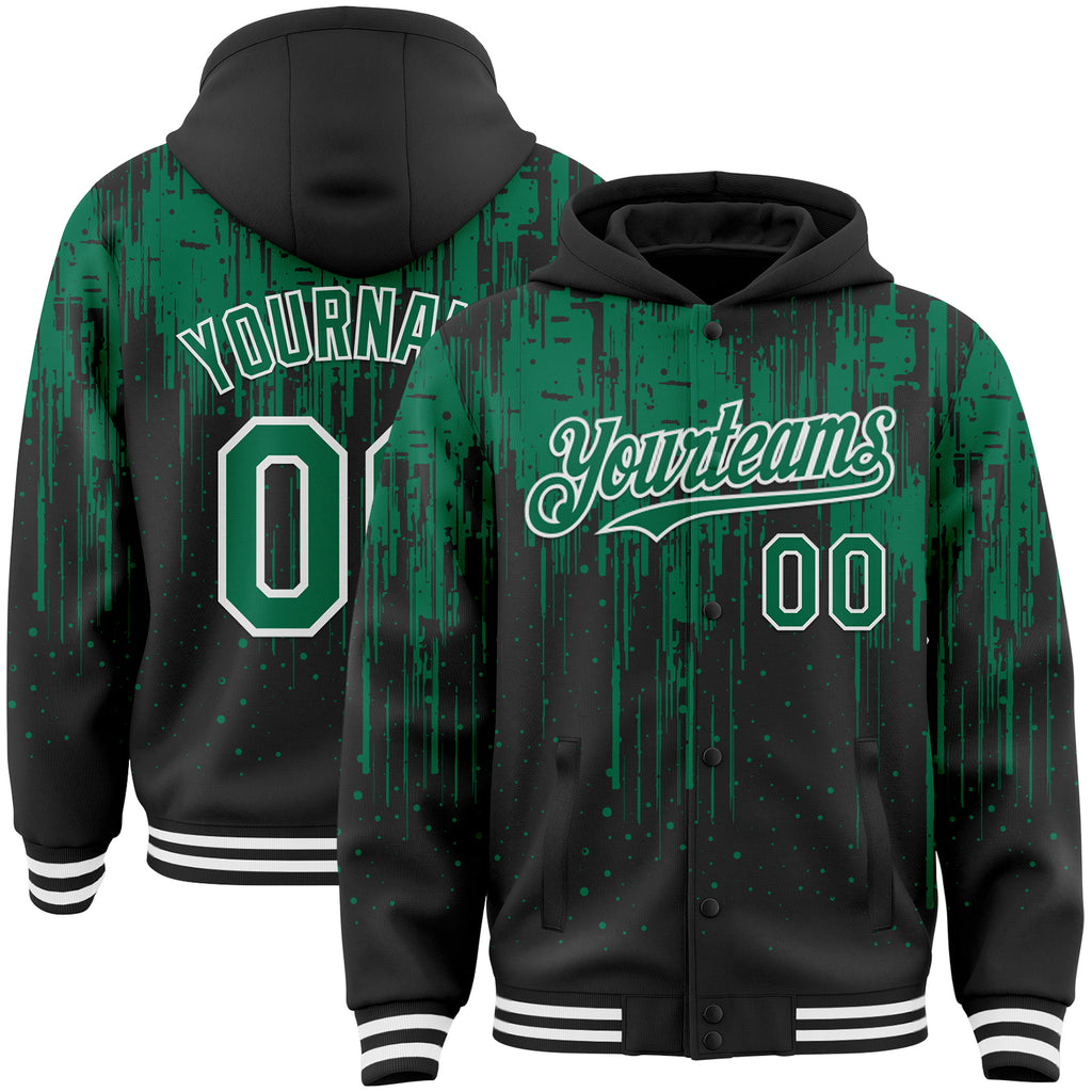 Custom Black Kelly Green-White Dripping Splatter 3D Pattern Design Bomber Full-Snap Varsity Letterman Hoodie Jacket