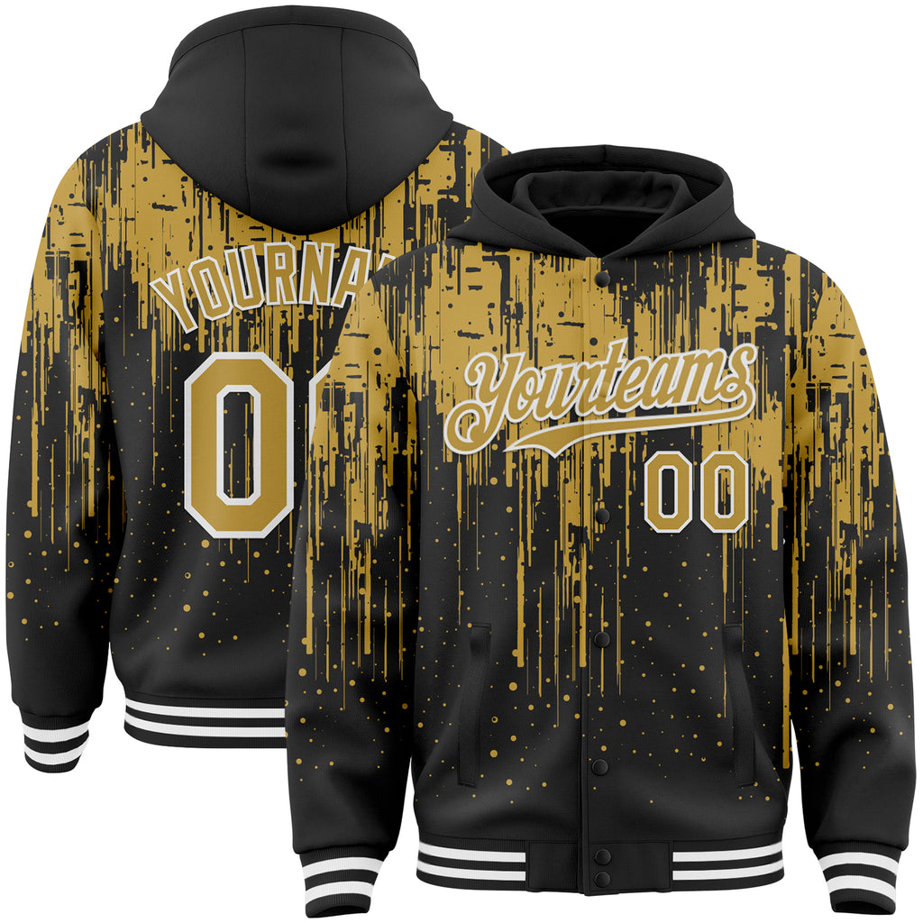 Custom Black Old Gold-White Dripping Splatter 3D Pattern Design Bomber Full-Snap Varsity Letterman Hoodie Jacket