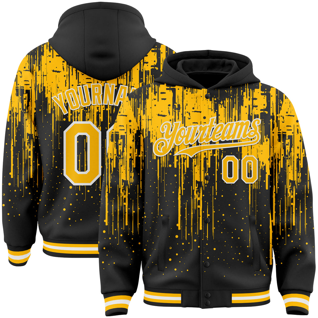 Custom Black Gold-White Dripping Splatter 3D Pattern Design Bomber Full-Snap Varsity Letterman Hoodie Jacket