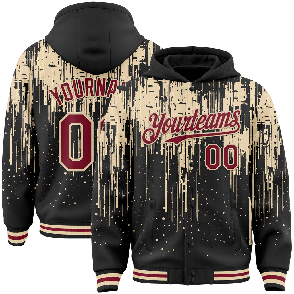 Custom Black Crimson-City Cream Dripping Splatter 3D Pattern Design Bomber Full-Snap Varsity Letterman Hoodie Jacket