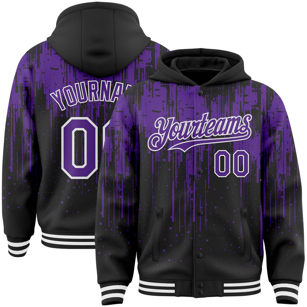 Custom Black Purple-White Dripping Splatter 3D Pattern Design Bomber Full-Snap Varsity Letterman Hoodie Jacket