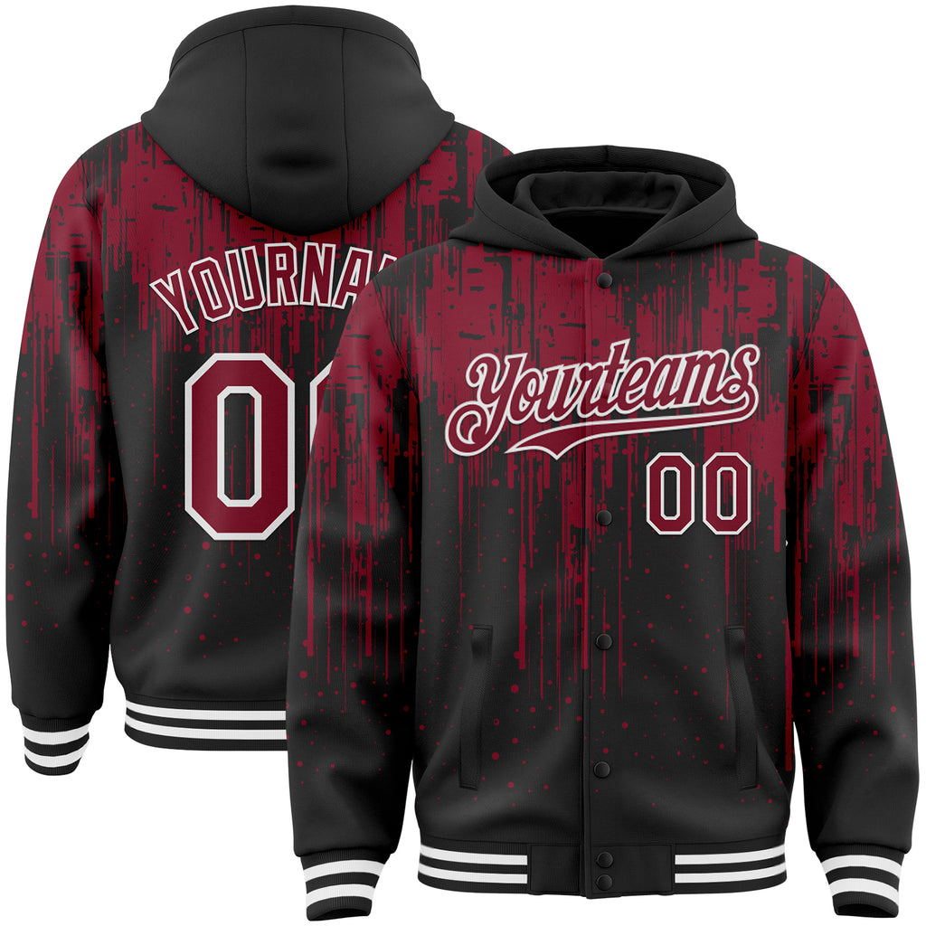 Custom Black Crimson-White Dripping Splatter 3D Pattern Design Bomber Full-Snap Varsity Letterman Hoodie Jacket